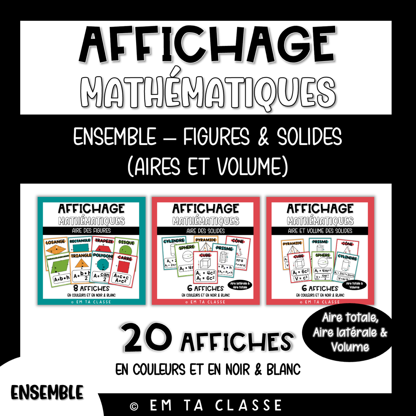Mathématiques Affichage - ENSEMBLE - Figures et Solides - Aire et Volume
