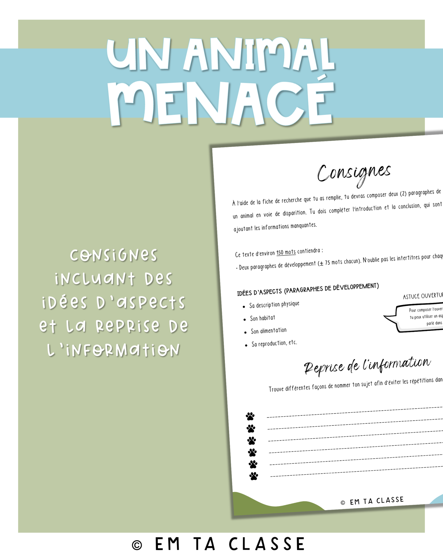 Écriture texte descriptif partiel - Un animal menacé - Français 1re secondaire