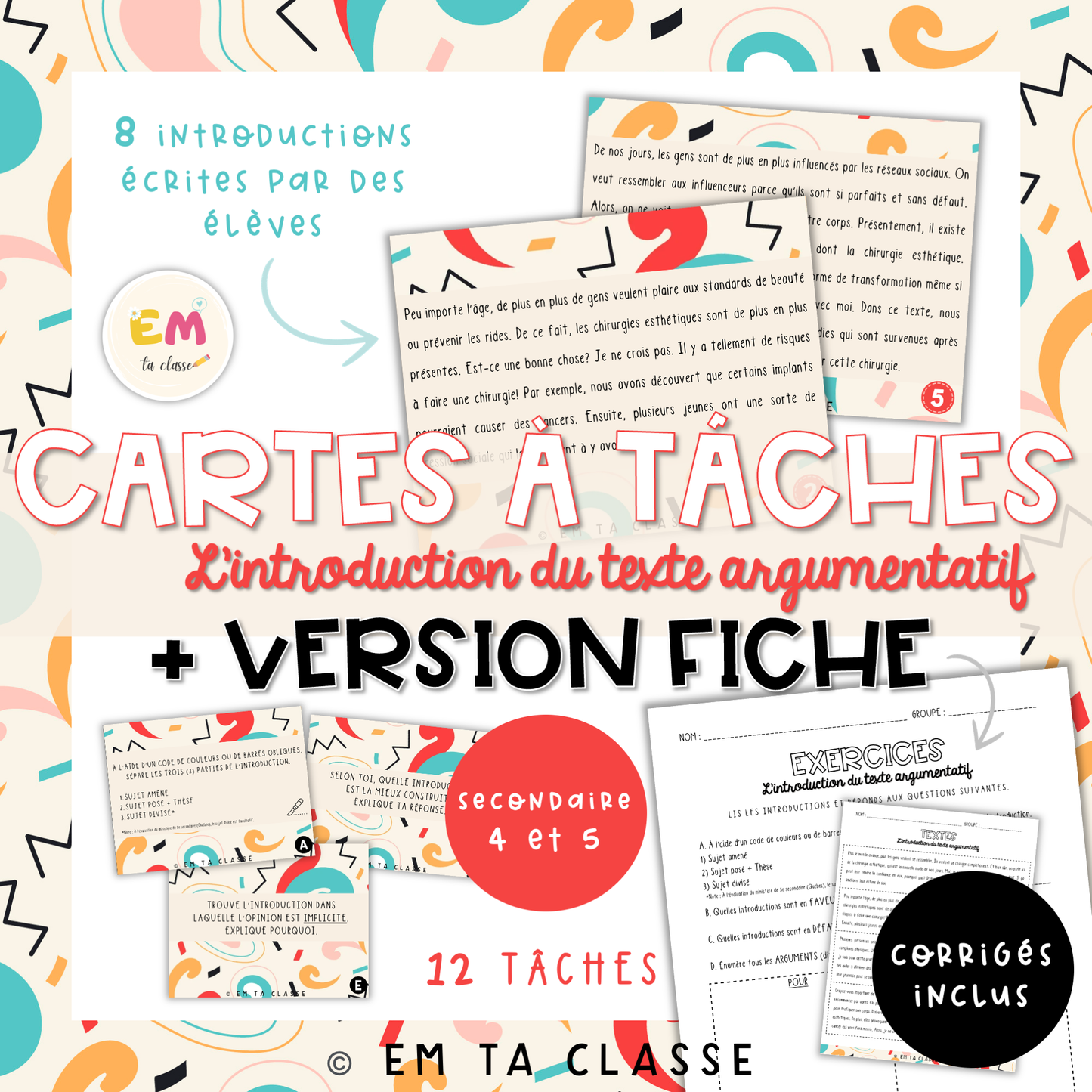 Fiche + Cartes à tâches – Intro texte argumentatif - Français secondaire 4 et 5