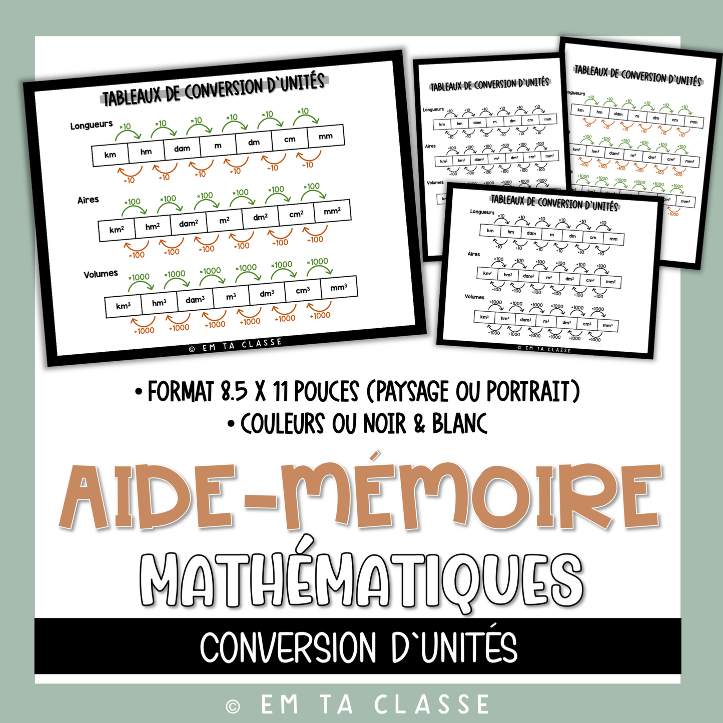 Gratuit - Mathématiques - Conversion d'unités - Tableaux Aide-mémoire
