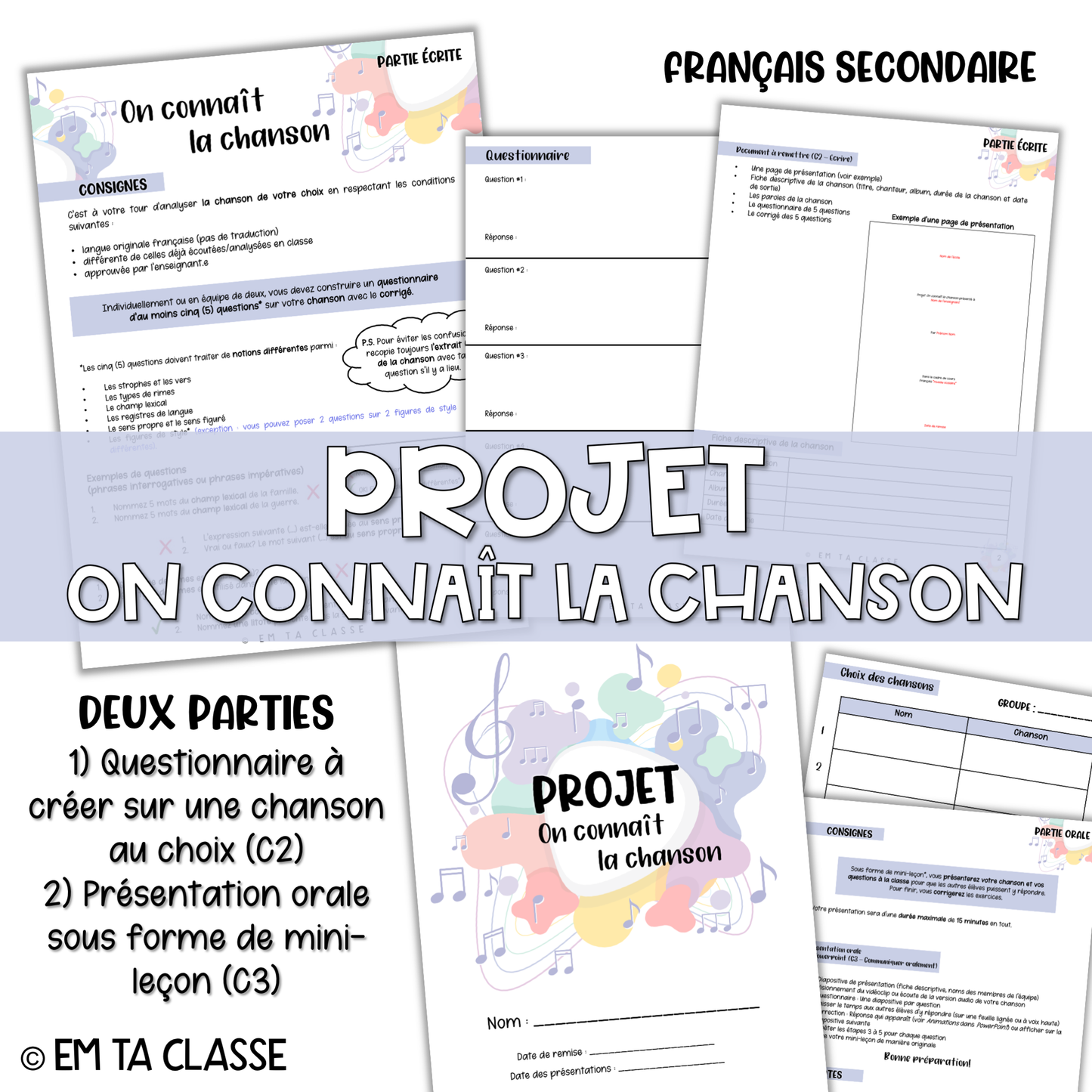 Gratuit - Projet « On connaît la chanson » (C2 et C3) - Français 2e cycle secondaire