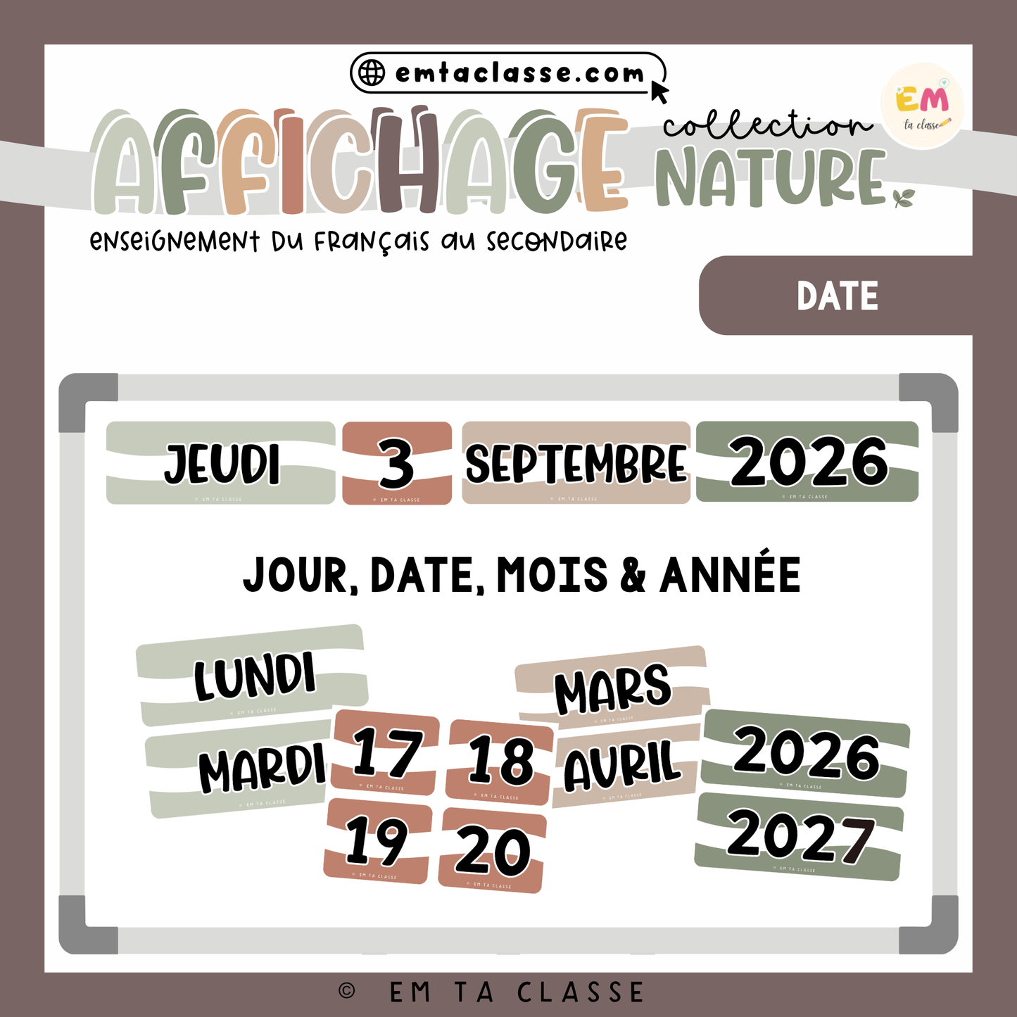 Affichage Français secondaire - Ensemble complet (menu, date, tableau mémo) - Collection NATURE