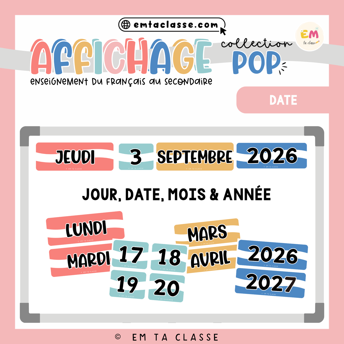 Affichage Français secondaire - Ensemble complet (menu, date, tableau mémo) - Collection POP