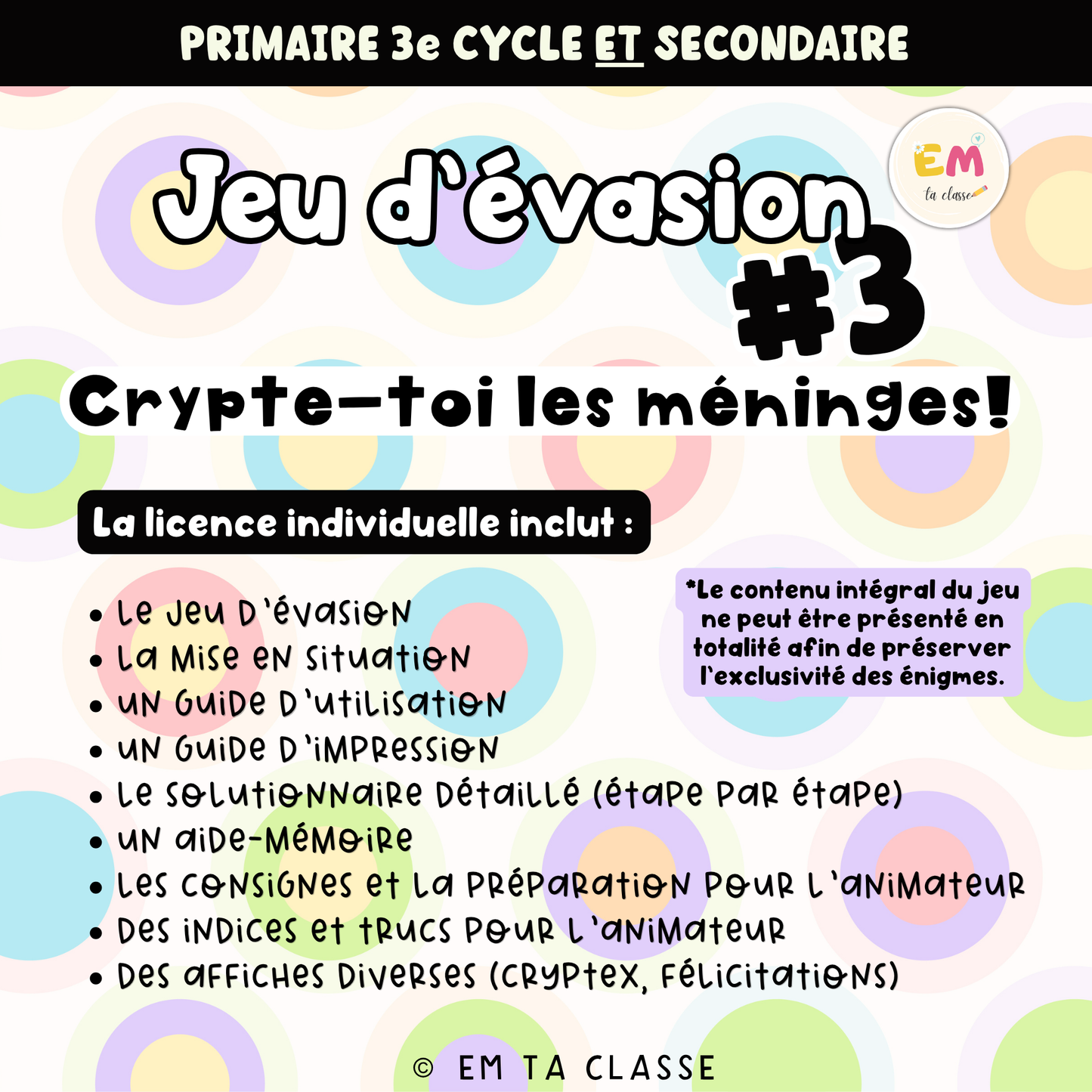 Jeu d'évasion #3 : Crypte-toi les méninges! - PRIMAIRE 3e cycle & SECONDAIRE
