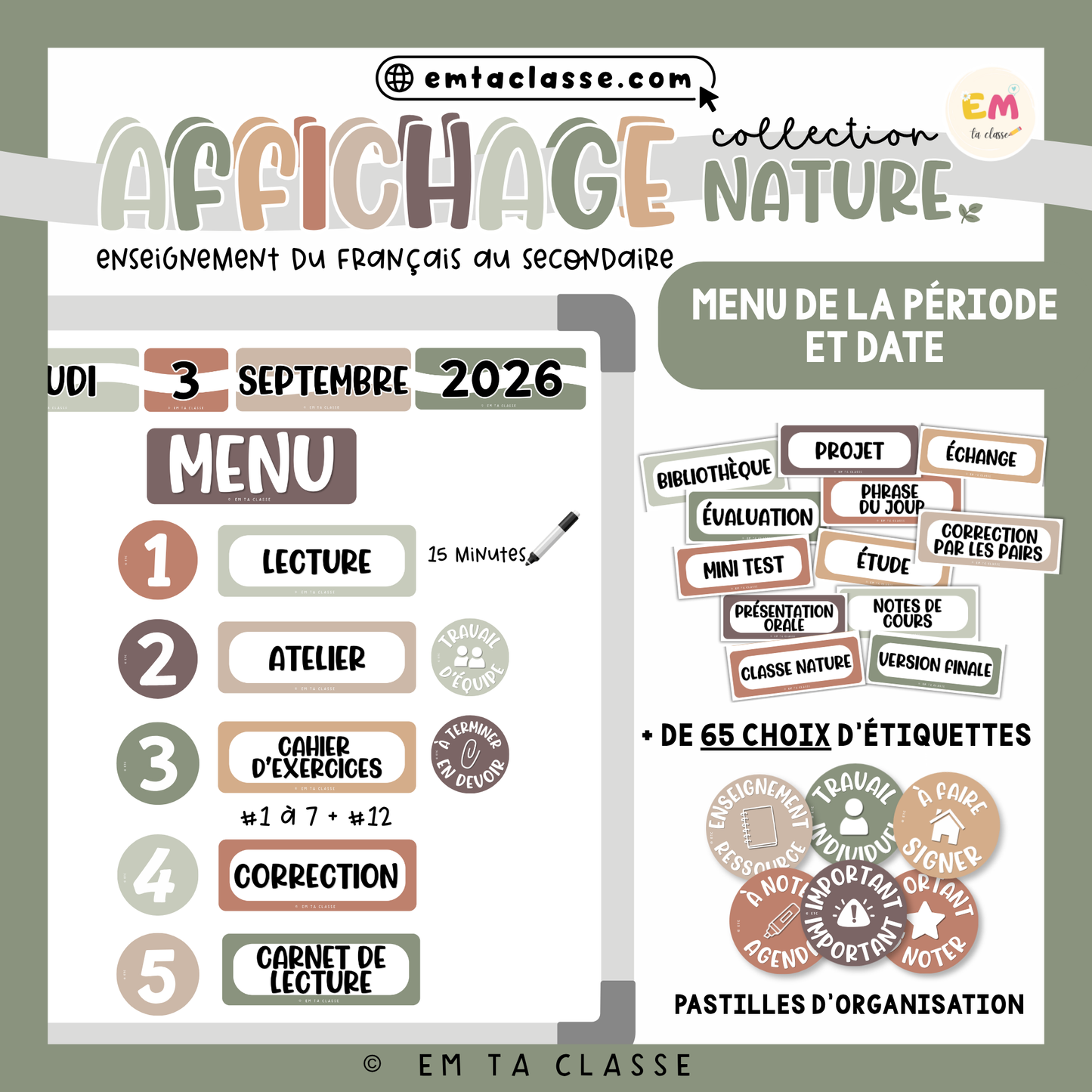 Affichage Français secondaire - Ensemble complet (menu, date, tableau mémo) - Collection NATURE