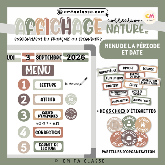 Affichage Français secondaire - Ensemble complet (menu, date, tableau mémo) - Collection NATURE