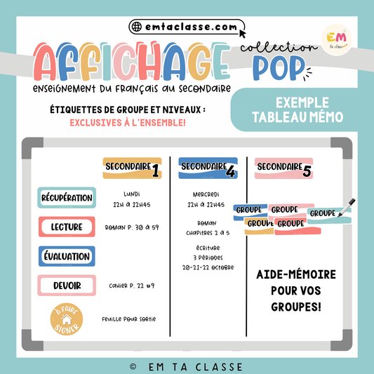 Affichage Français secondaire - Ensemble complet (menu, date, tableau mémo) - Collection POP