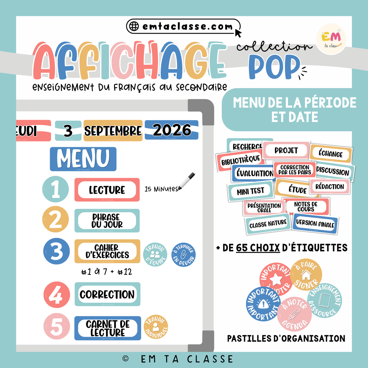 Affichage Français secondaire - Ensemble complet (menu, date, tableau mémo) - Collection POP