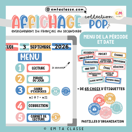 Affichage Français secondaire - Ensemble complet (menu, date, tableau mémo) - Collection POP
