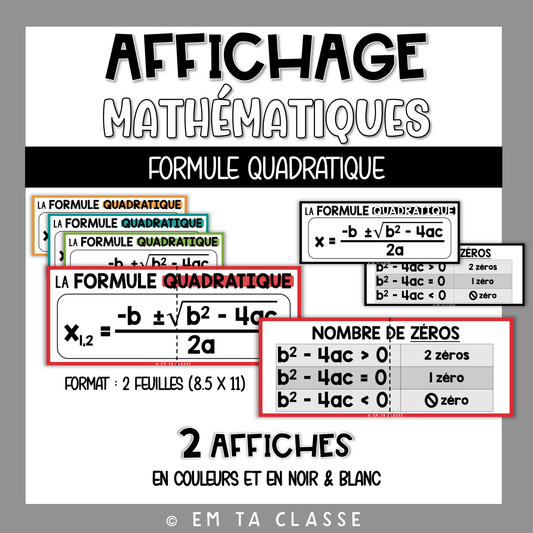 Mathématiques Affichage - Fonctions - Formule quadratique