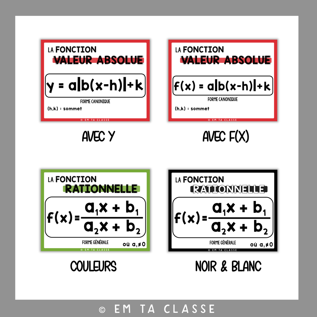 Mathématiques Affichage - Fonctions Série #3 - Racine carrée, rationnelle, logarithmique et valeur absolue