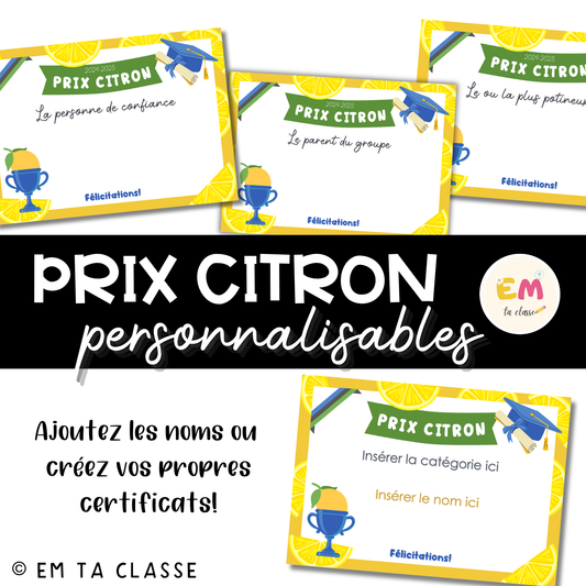 Prix citron - Certificats (version personnalisable incluse)