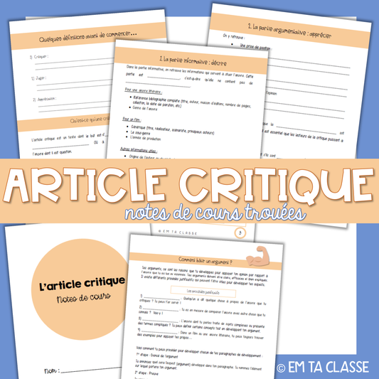 Gratuit - Notes de cours - L'article critique - Français 4e secondaire