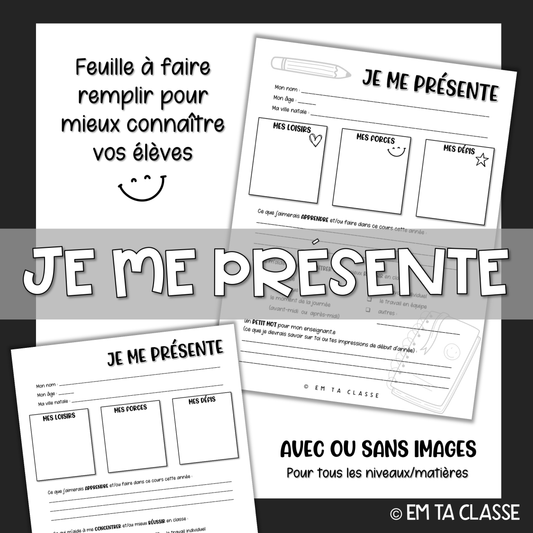 Gratuit - Rentrée scolaire - Je me présente - Feuille d'identification