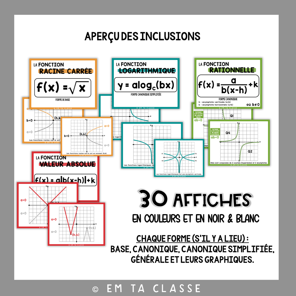 Mathématiques Affichage - Fonctions Série #3 - Racine carrée, rationnelle, logarithmique et valeur absolue
