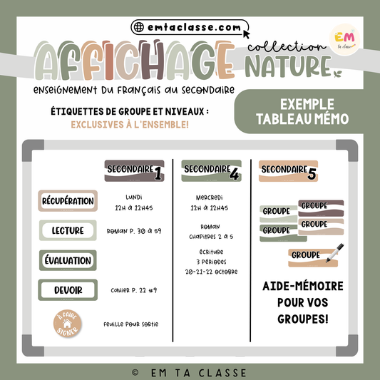 Affichage Français secondaire - Ensemble complet (menu, date, tableau mémo) - Collection NATURE
