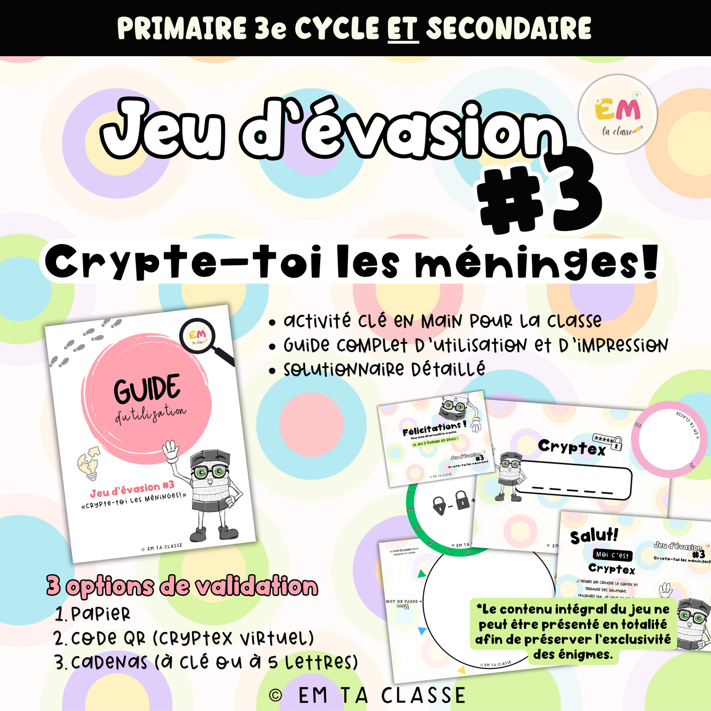 Jeu d'évasion #3 : Crypte-toi les méninges! - PRIMAIRE 3e cycle & SECONDAIRE