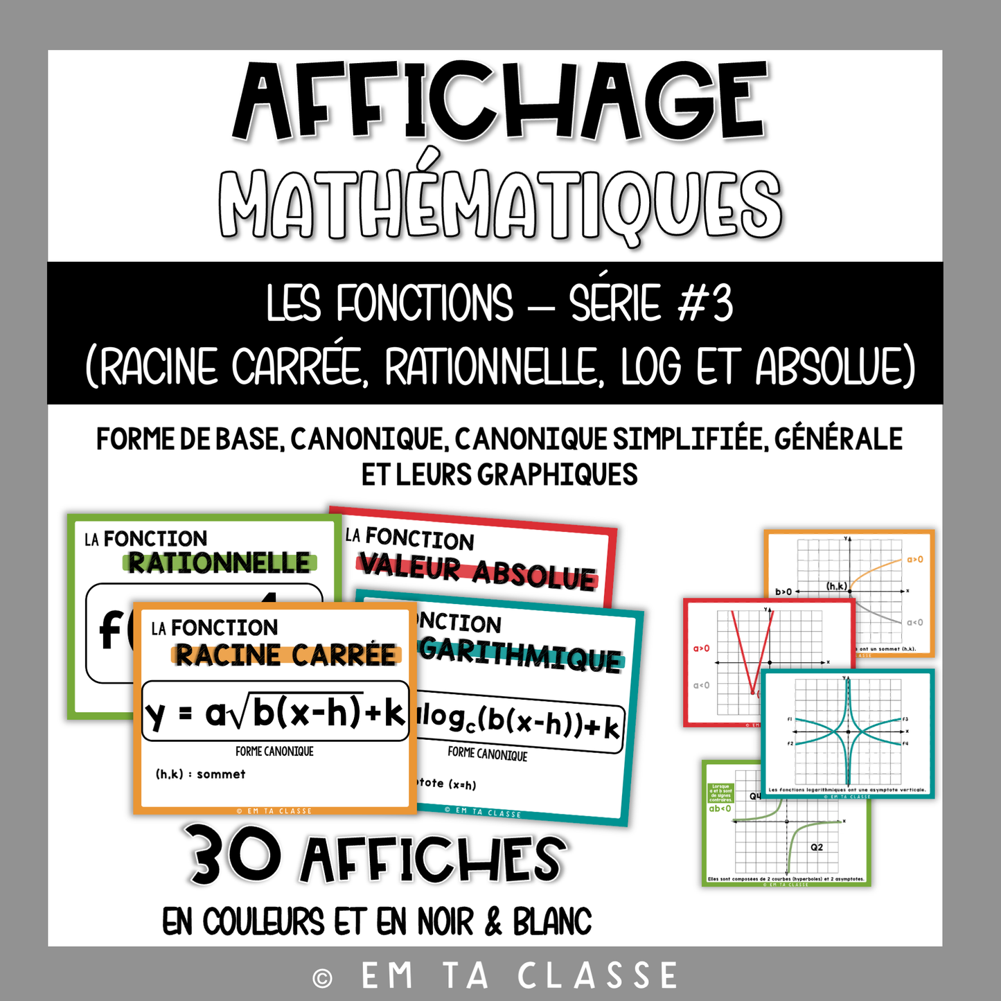 Mathématiques Affichage - Fonctions Série #3 - Racine carrée, rationnelle, logarithmique et valeur absolue