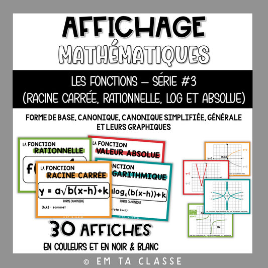 Mathématiques Affichage - Fonctions Série #3 - Racine carrée, rationnelle, logarithmique et valeur absolue